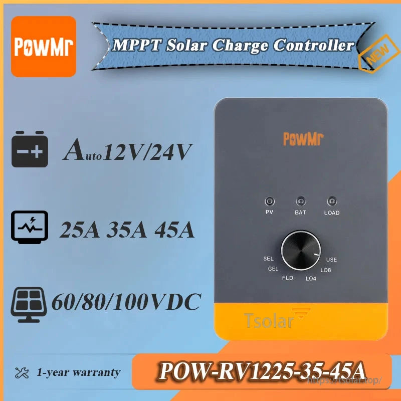 Product info graphic for PowMr MPPT solar charge controller showing auto 12V/24V, 25A/35A/45A and 60/80/100VDC