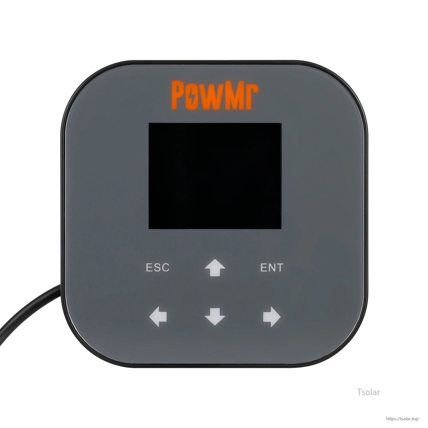 PowMr remote display panel with LCD screen and arrow buttons, connected by cable