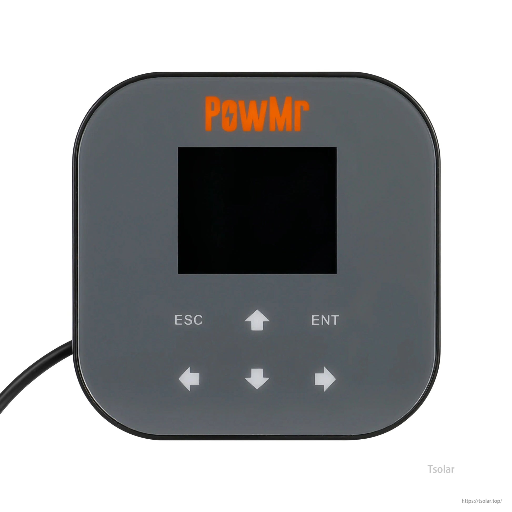 PowMr remote display panel with LCD screen and arrow buttons, connected by cable