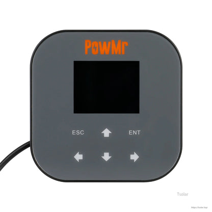 PowMr remote display panel with LCD screen and arrow buttons, connected by cable