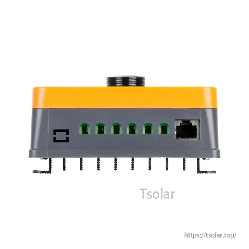 Bottom edge view with green screw terminals and RJ45-style communication port on PowMr controller