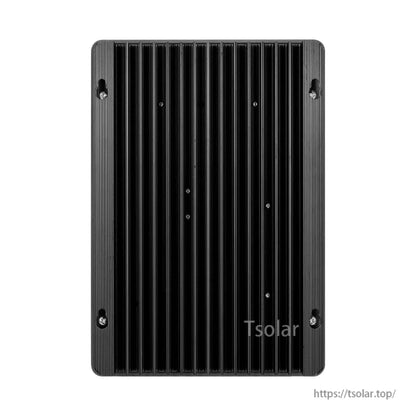 Rear view of PowMr controller showing black finned aluminum heat sink and mounting screw points