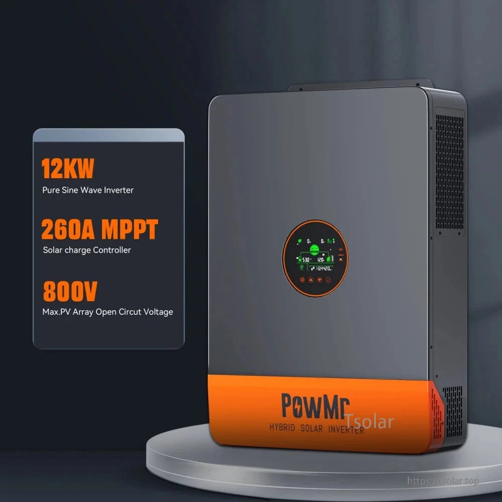 PowMr POW-SunSmart 12KPL3 hybrid inverter graphic showing 12kW output, 260A MPPT, 800V PV