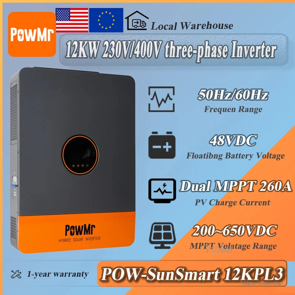 POW-SunSmart 12KPL3 three-phase inverter specs graphic: 12kW 230/400V, 48V, dual MPPT 260A
