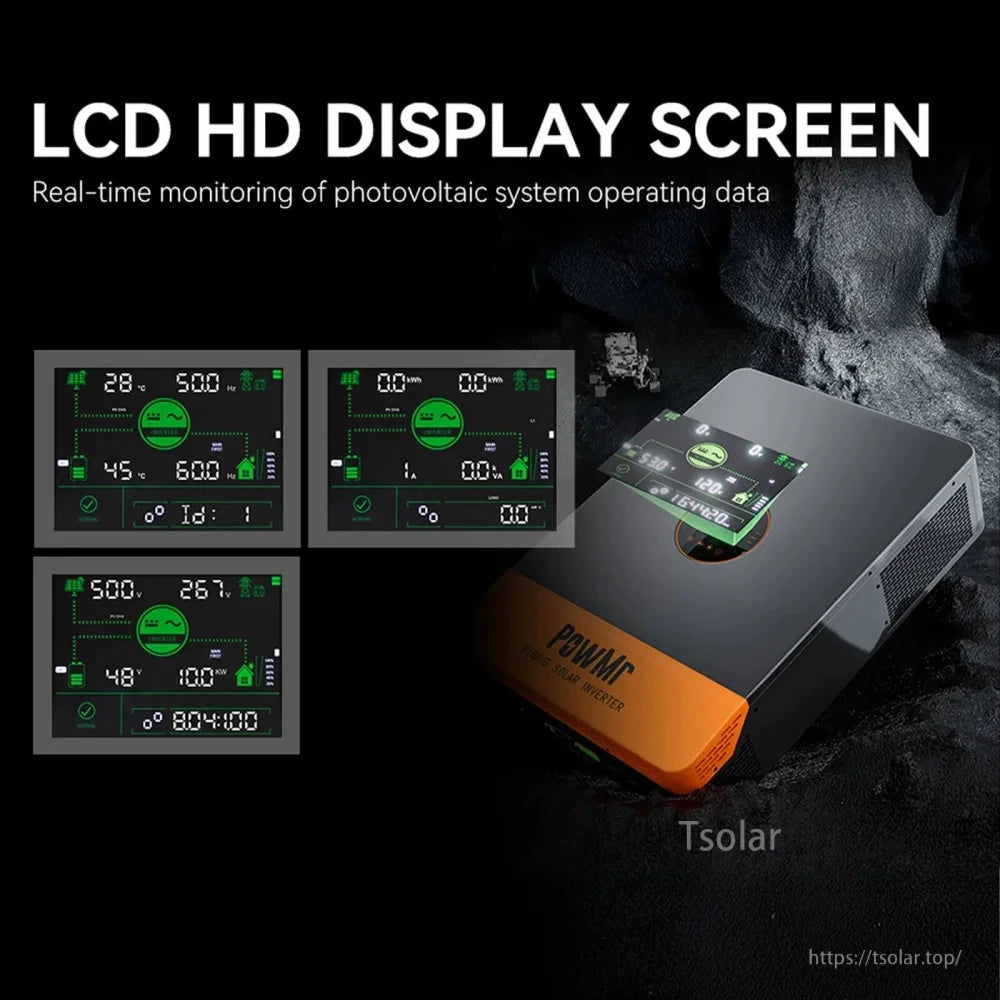 LCD HD display screen graphic showing real-time photovoltaic system monitoring data examples