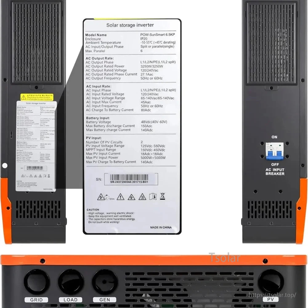 Rear panel and specification label close-up with input/output ports and AC input breaker switch