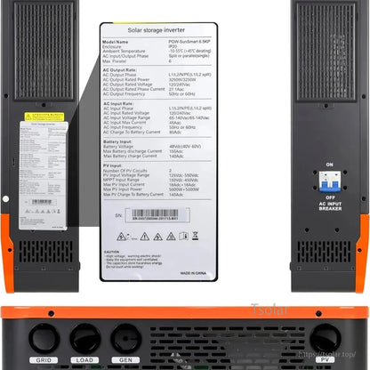 Rear panel and specification label close-up with input/output ports and AC input breaker switch