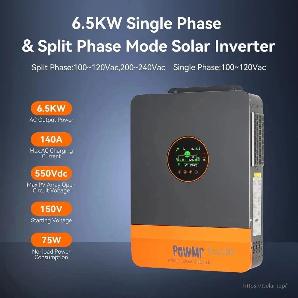 Split-phase/single-phase solar inverter spec graphic highlighting 6.5kW output and 140A max AC charging current