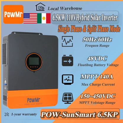 PowMr POW-SunSmart 6.5KP split-phase inverter feature graphic showing 48VDC, dual MPPT 140A and 150–450VDC range