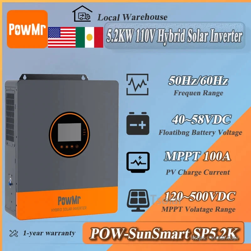 PowMr POW-SunSmart SP5.2K 5.2kW inverter specs graphic: 50/60Hz, 40–58VDC battery, 100A MPPT