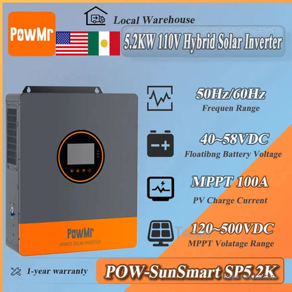 PowMr POW-SunSmart SP5.2K 5.2kW inverter specs graphic: 50/60Hz, 40–58VDC battery, 100A MPPT