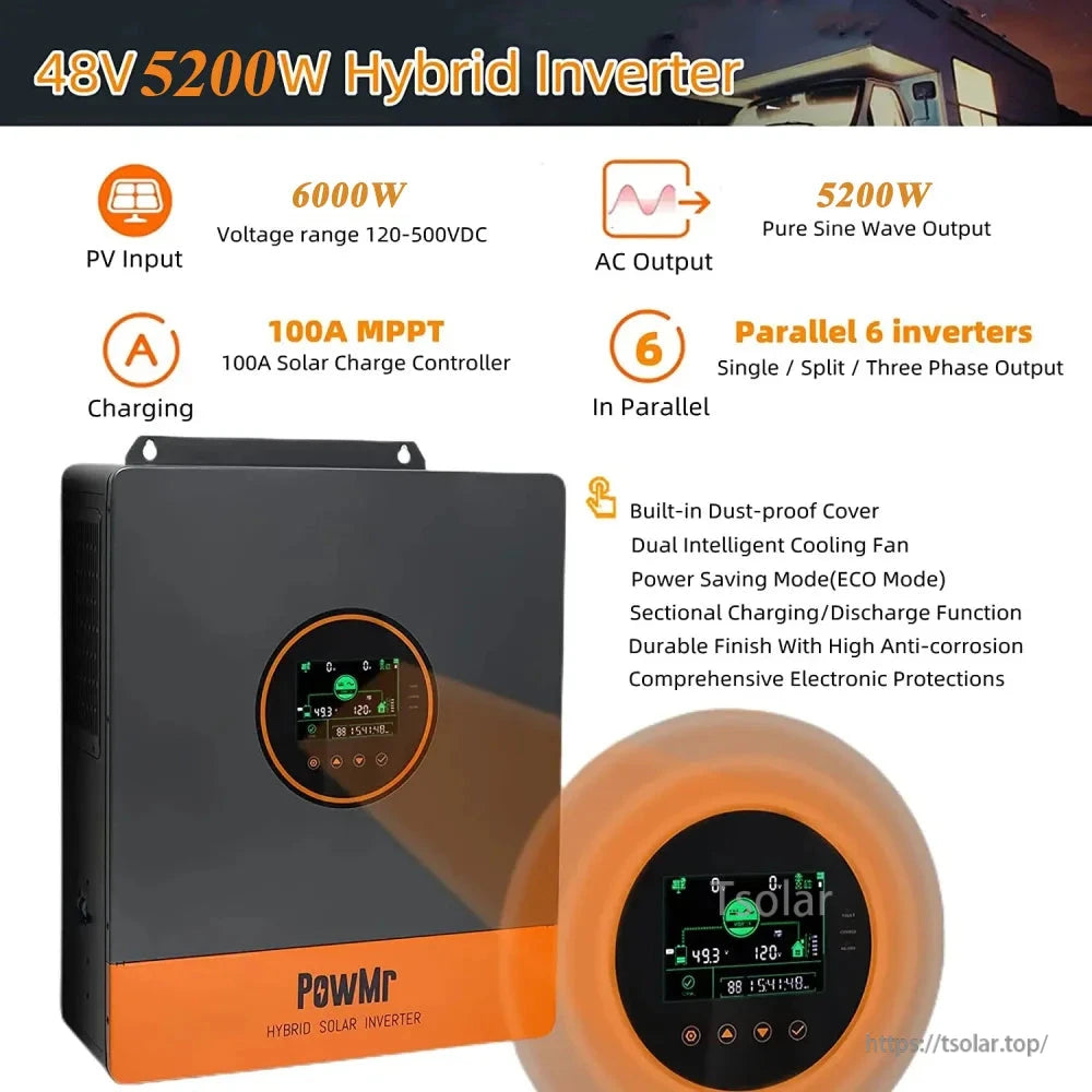 48V 5200W hybrid inverter features graphic with 100A MPPT, 120–500VDC PV range, and 6-unit parallel support