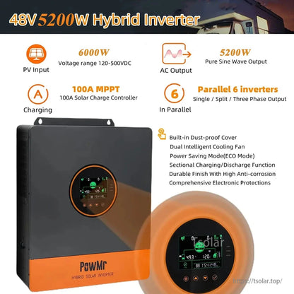 48V 5200W hybrid inverter features graphic with 100A MPPT, 120–500VDC PV range, and 6-unit parallel support