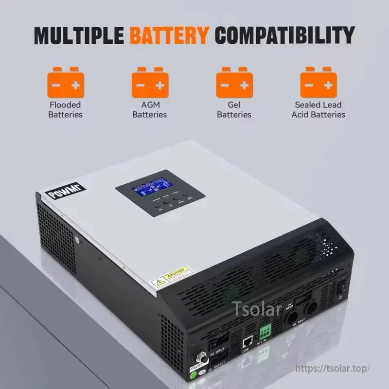 Rear/connector side view showing AC input/output sockets, PV input, DC battery input, and communication terminals