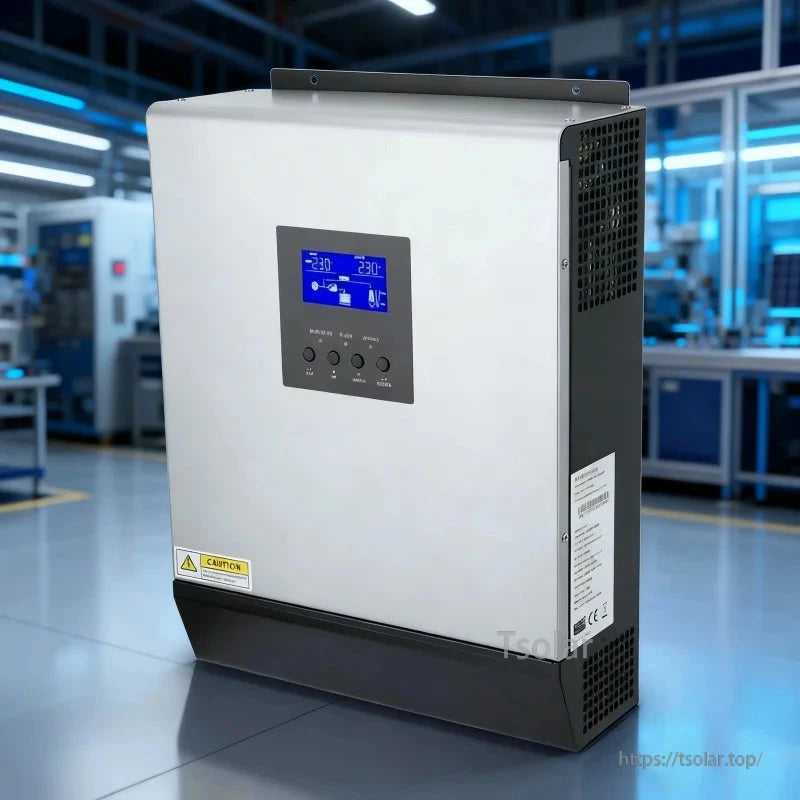 Angled side view of inverter chassis showing ventilation grilles, LCD panel, and side specification label