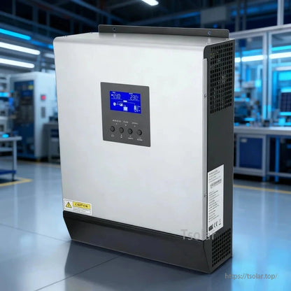 Angled side view of inverter chassis showing ventilation grilles, LCD panel, and side specification label