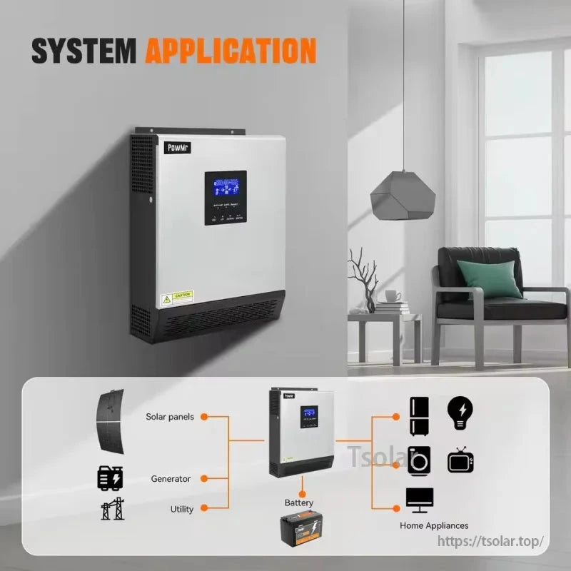 System application diagram showing inverter connected to solar panels, utility or generator, battery, and home loads