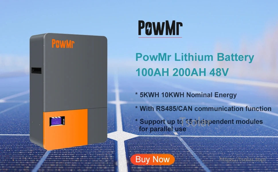 Promotional banner for PowMr lithium battery 48V 100Ah/200Ah with RS485/CAN communication