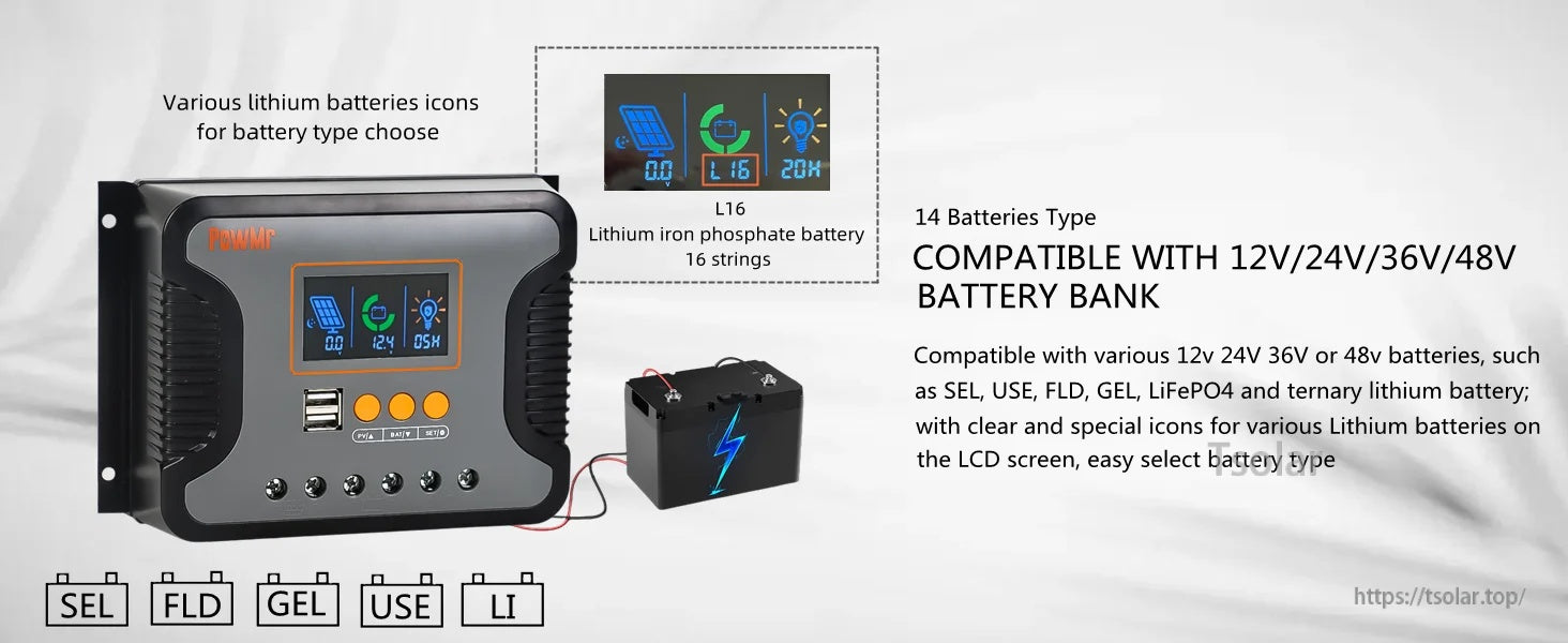 Battery type compatibility screen with icons for FLD, GEL, USE and lithium, including LiFePO4 (16S) example