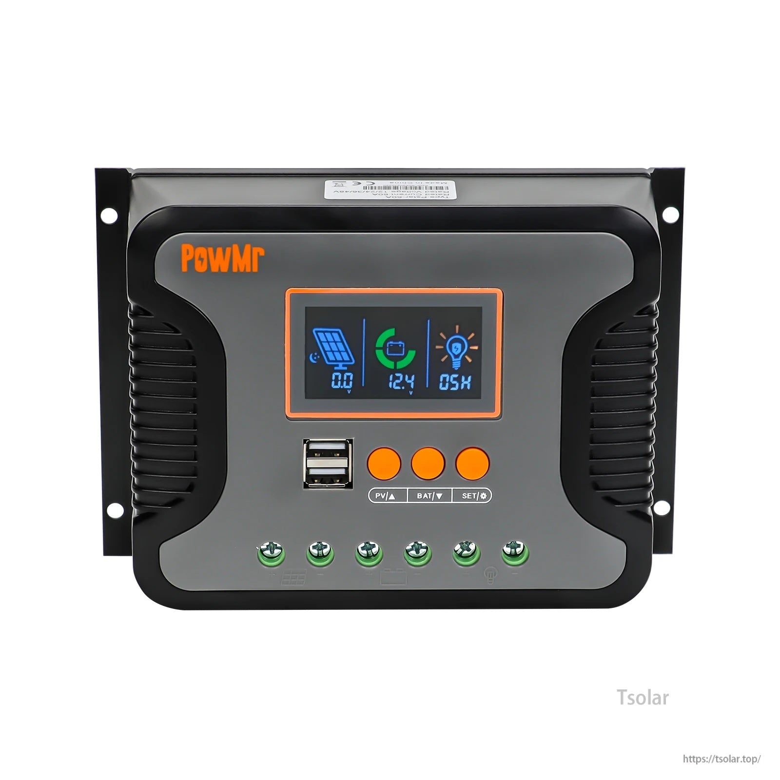 Front view of PowMr POW-PSTAR PWM solar charge controller with LCD, dual USB, and three function buttons