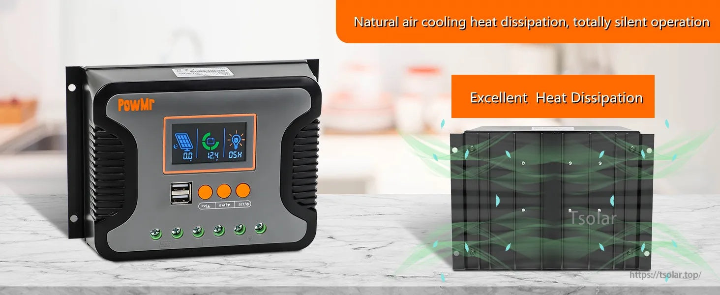 Controller on tabletop with airflow graphic highlighting natural air cooling and heat dissipation