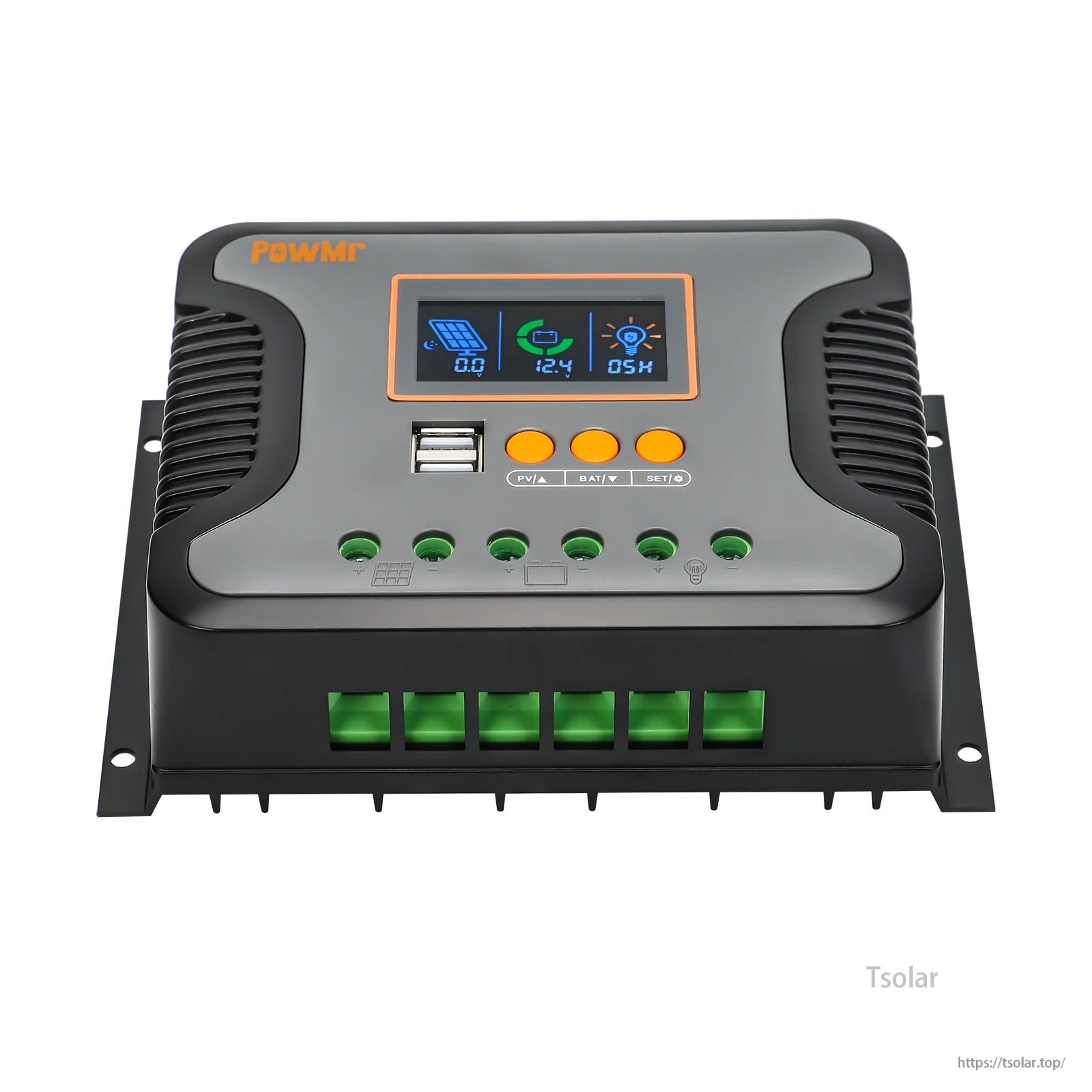 Angled front view showing LCD status icons, dual USB ports, and terminal block access on the controller
