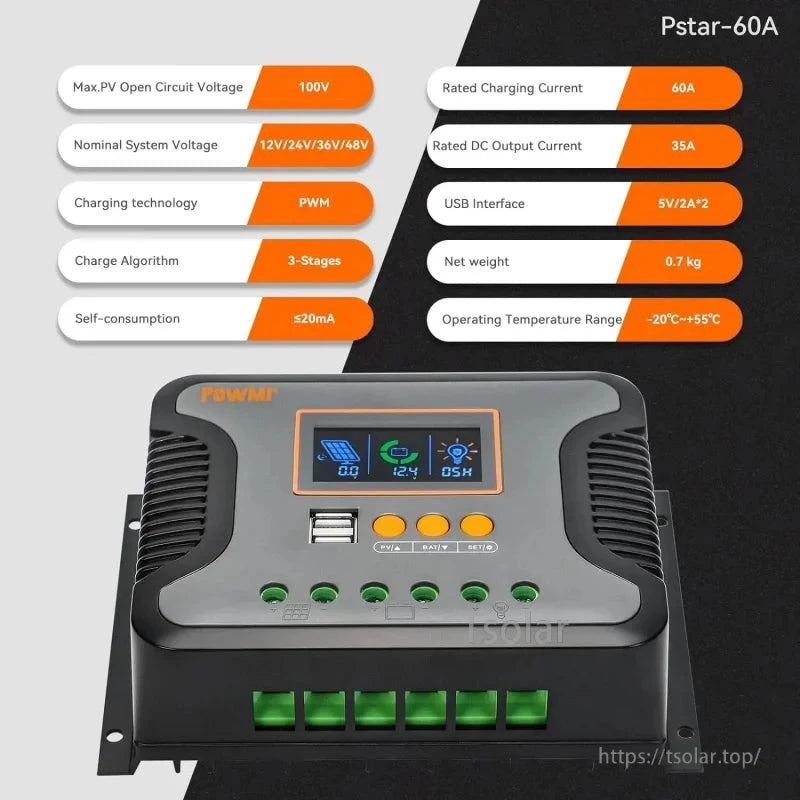 PowMr Pstar-80A PWM Solar Charge Controller, PowMr Pstar-60A PWM solar charge controller with LCD screen, dual USB 5V/2A ports, and screw t.