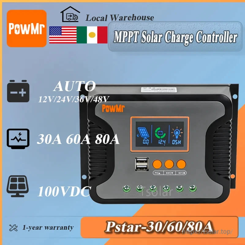 PowMr Pstar-80A PWM Solar Charge Controller, PowMr Pstar MPPT solar charge controller with LCD display, dual USB ports, and 12/24/36/48V au.