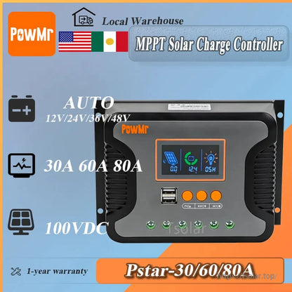 PowMr Pstar-80A PWM Solar Charge Controller, PowMr Pstar MPPT solar charge controller with LCD display, dual USB ports, and 12/24/36/48V au.