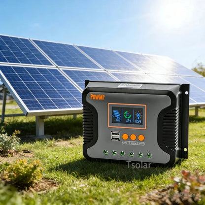 PowMr Pstar-80A PWM solar charge controller with LCD display, USB ports, and front terminal connectors