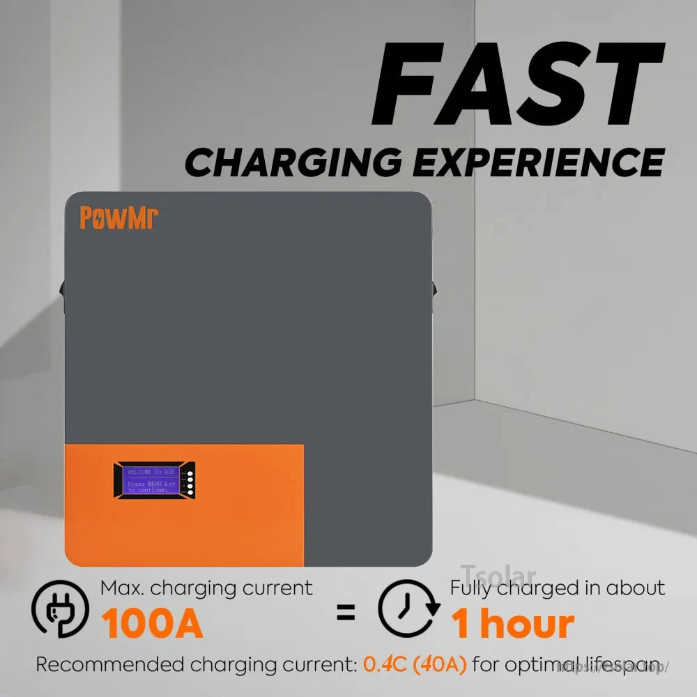 PowMr battery fast charging infographic showing 100A max charging current and about 1 hour to full charge