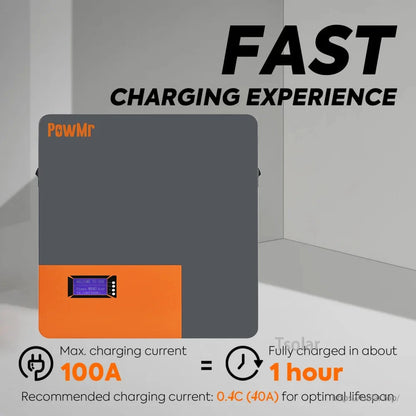 PowMr battery fast charging infographic showing 100A max charging current and about 1 hour to full charge