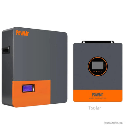 PowMr inverter and matching battery shown side by side, grey and orange housings with display panels