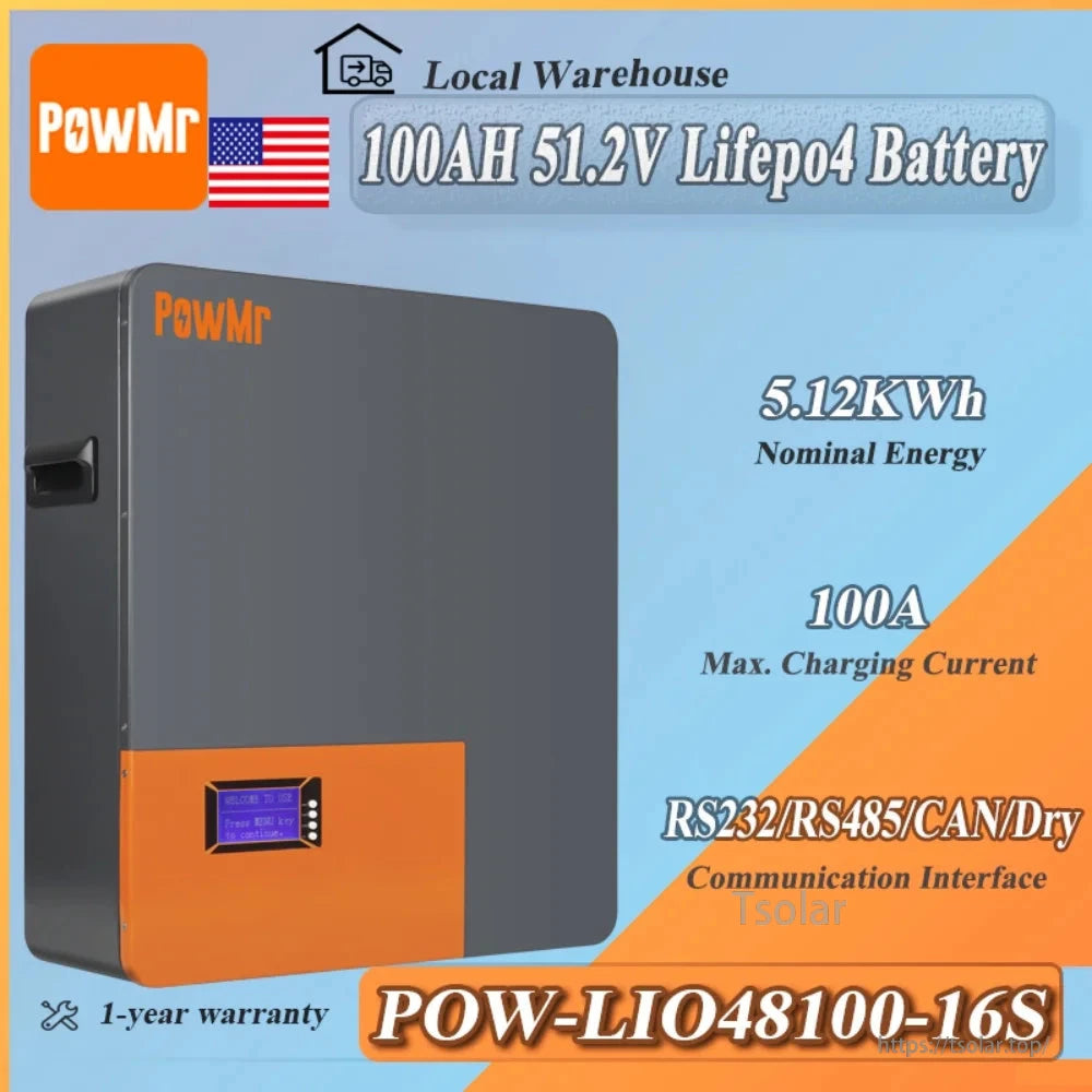 PowMr 51.2V 100Ah LiFePO4 battery infographic showing 5.12kWh and RS232/RS485/CAN communication