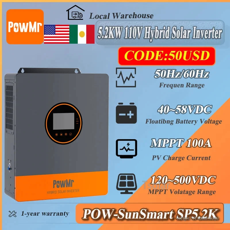PowMr SP5.2K 5200W hybrid solar inverter specs infographic with MPPT and voltage range icons