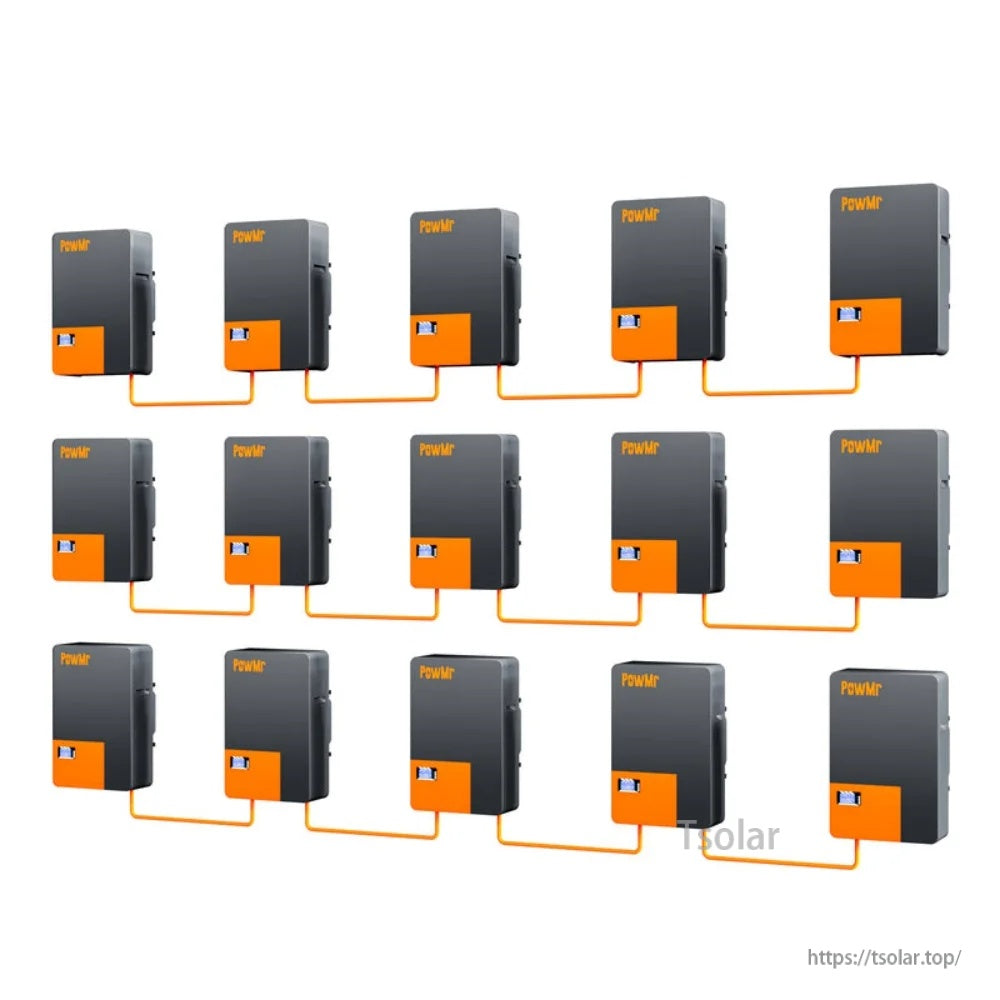 Parallel wiring layout connecting multiple PowMr wall batteries in a series of parallel links