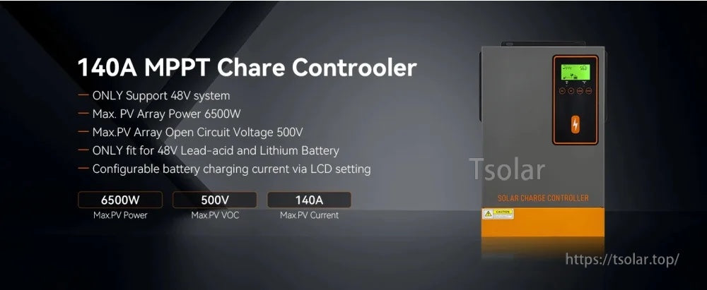 PowMr POW-48140A 48V 140A MPPT solar charge controller, 500V PV Voc and 6500W PV input