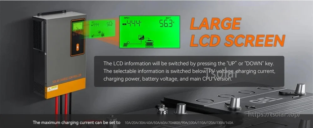 Large LCD display on controller showing PV and battery readouts; adjustable charging current settings
