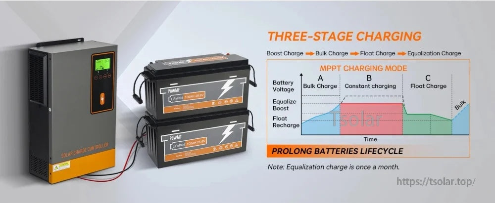 Charging profile graphic for MPPT mode: bulk, boost, float and monthly equalization with battery bank