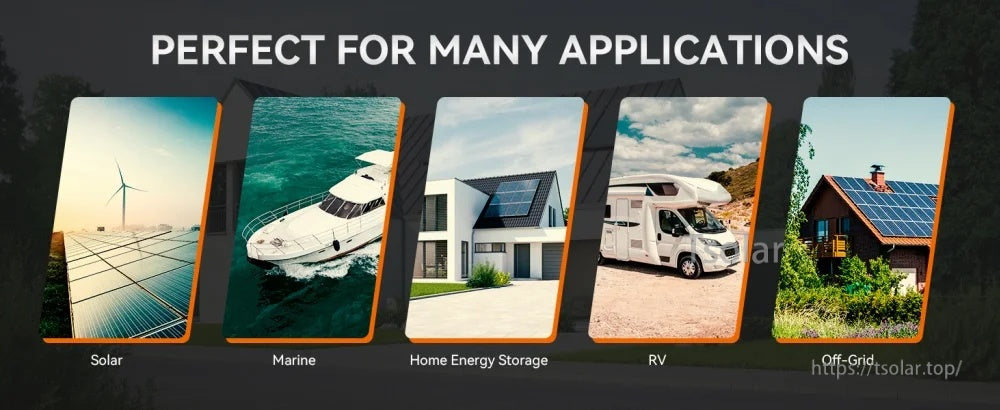 Application collage showing solar, marine, home energy storage, RV, and off-grid use cases