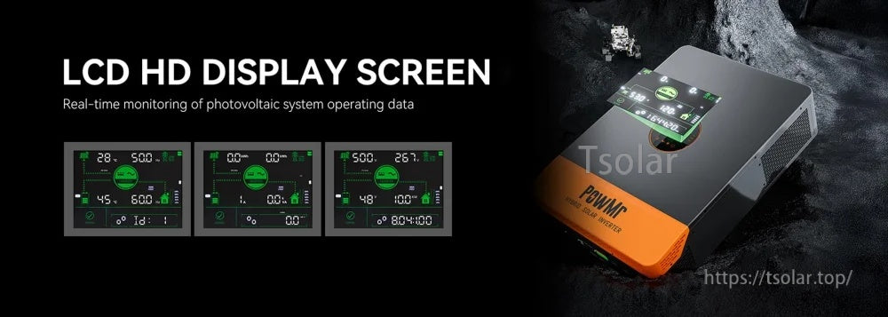 LCD HD display interface highlighting real-time PV, battery, and inverter operating data monitoring