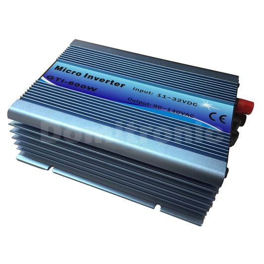 Grid Tie Inverter, GTI-600W micro grid-tie inverter with finned aluminum case, 11–32VDC input and 90–140VAC output label