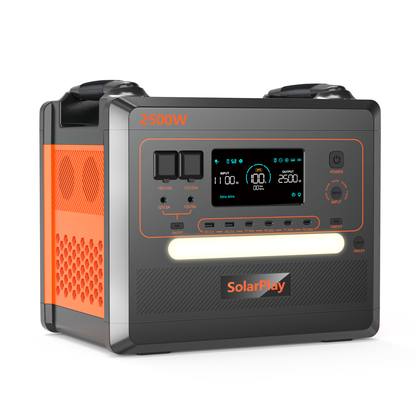 SolarPlay Q2402M Portable Power Station, Portable 2500W power station with 2304Wh LiFePO4 battery, 12 ports, UPS, LED light, and cooling vents. Ideal for outdoor and emergency use.