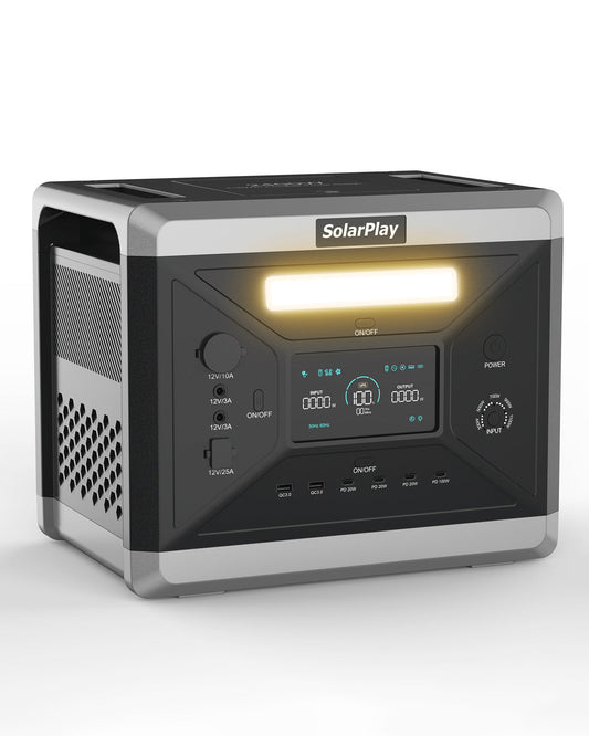 SolarPlay Q2501 Portable Power Station features 2400W AC output and 2160Wh LiFePO4 battery.