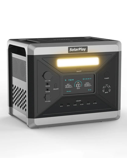 SOLARPLAY Q2501 Portable Power Station, SolarPlay Q2501: 2160Wh LiFePO4 battery, 2400W solar generator with UPS, multiple ports, and digital display for reliable power.