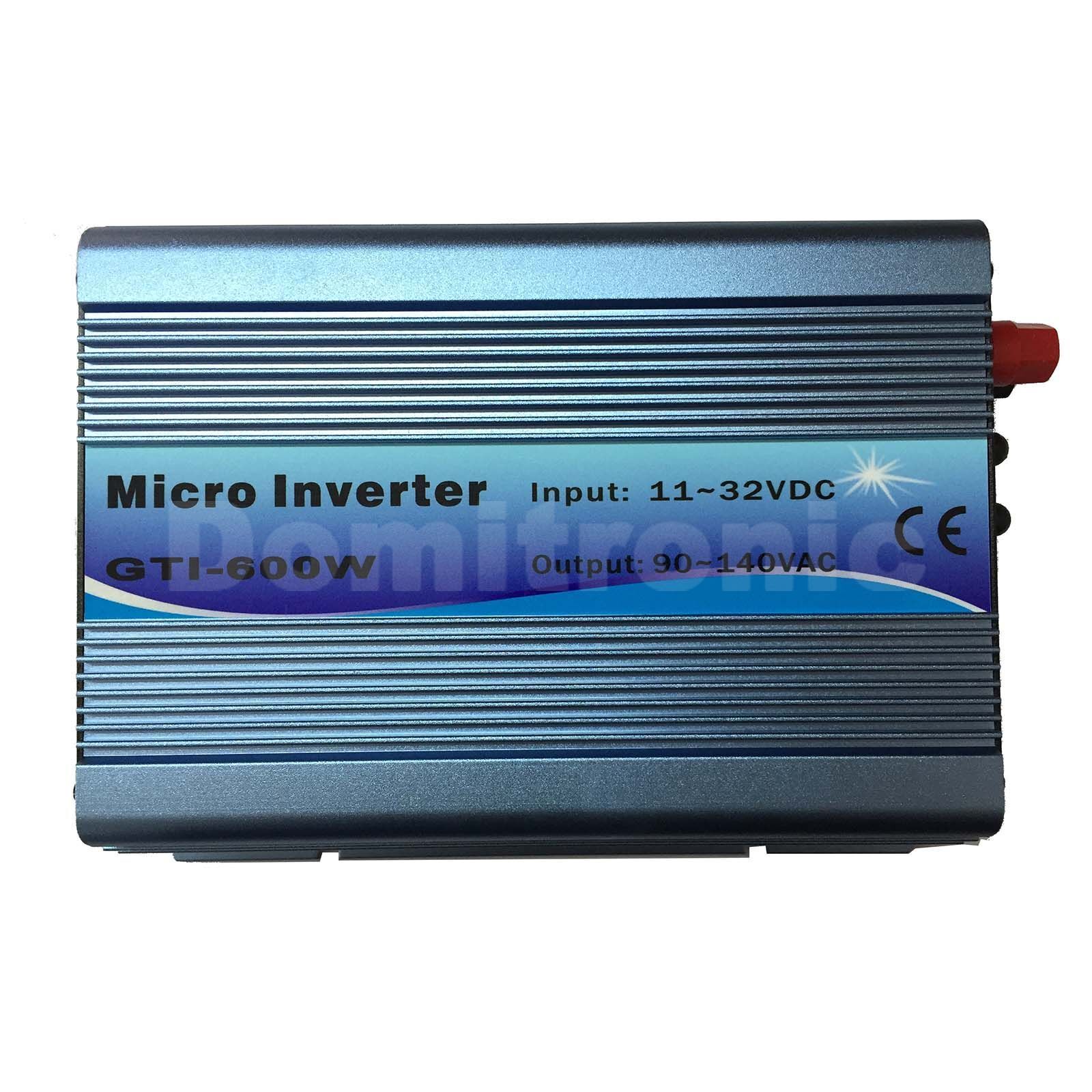 GTI-600W micro grid tie inverter in ribbed aluminum case, labeled input 11–32VDC and output 90–140VAC