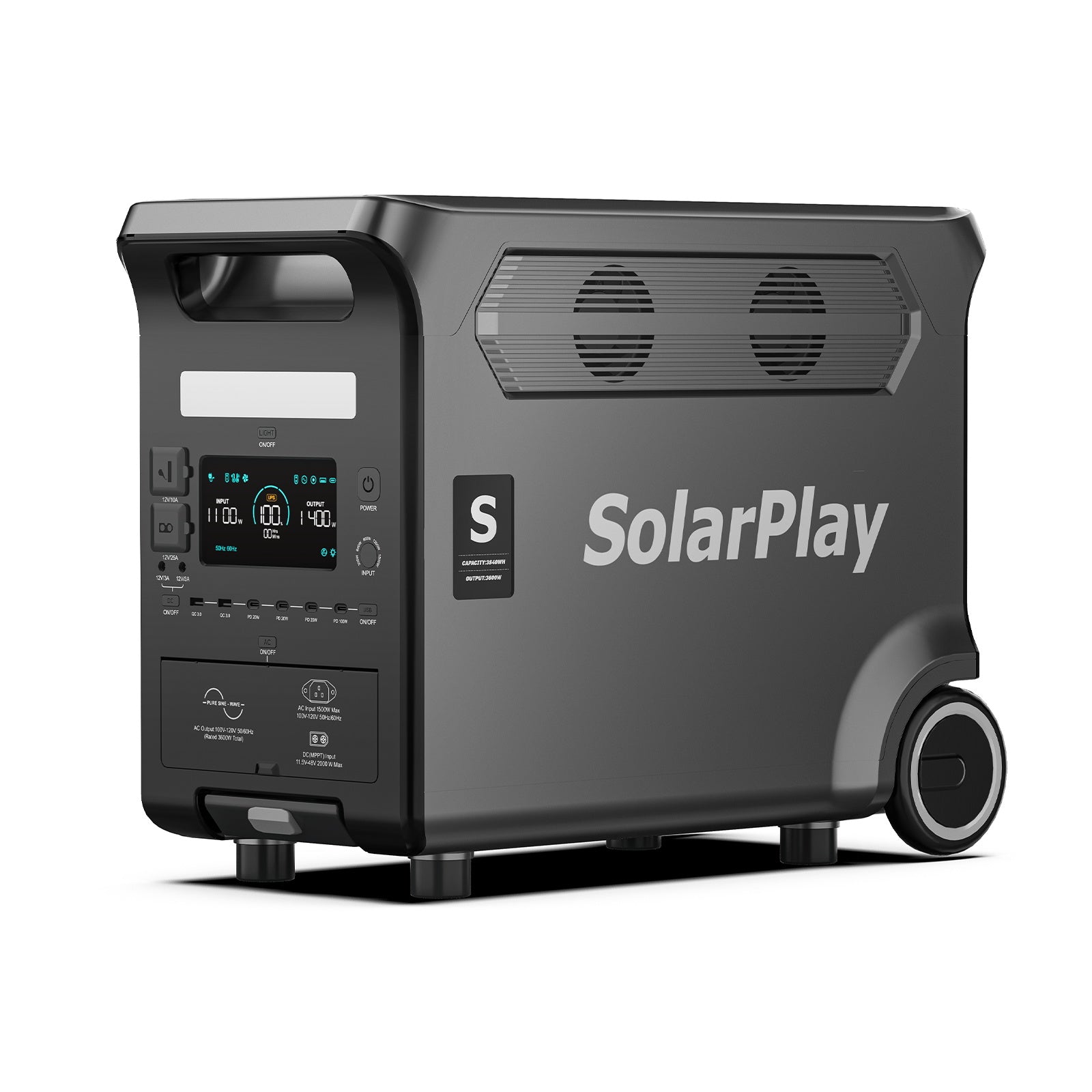 SolarPlay Q3600 Portable Power Station, SolarPlay Q3600 portable power station features 3600W/3840Wh LiFePO4 battery, 2.5h fast charge, 15 ports, 2000W solar input, UPS support, and digital display for versatile power needs.