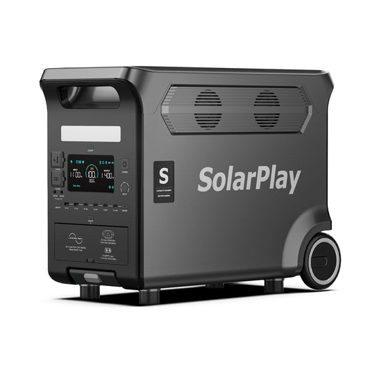 SolarPlay Q3600 Portable Power Station, SolarPlay Q3600 portable power station features 3600W/3840Wh LiFePO4 battery, 2.5h fast charge, 15 ports, 2000W solar input, UPS support, and digital display for versatile power needs.