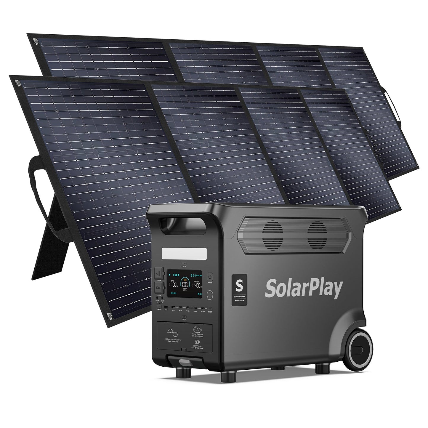SolarPlay Q3600 Portable Power Station, SolarPlay Q3600: 3600W output, 3840Wh LiFePO4 battery, 400W solar panel, 15 ports, 2.5-hour AC recharge—portable power for home or outdoor use.