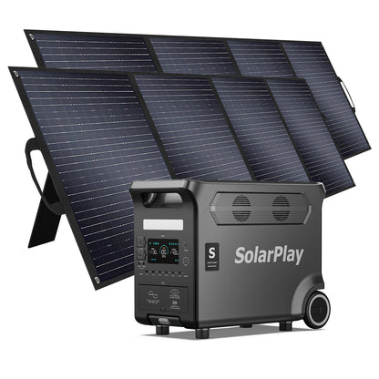 SolarPlay Q3600 Portable Power Station, SolarPlay Q3600: 3600W output, 3840Wh LiFePO4 battery, 400W solar panel, 15 ports, 2.5-hour AC recharge—portable power for home or outdoor use.